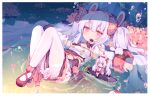  1girl animal_ears artist_name azur_lane bow breasts bunny_ears closed_mouth droplets expressionless eyebrows_visible_through_hair glint hair_between_eyes hair_bow headset knees_up laffey_(azur_lane) long_hair looking_at_viewer lying midriff minigirl navel notice_lines on_back pantyhose pink_eyes pink_footwear pink_skirt plaid plaid_bow plaid_skirt red_bow silver_hair skirt small_breasts solo sparkle sudango thighband_pantyhose torpedo white_legwear 