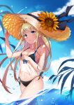  1girl :3 absurdres aircraft airplane aoman_de_cangshu arm_up bangs bare_shoulders bikini black_bikini black_bow blonde_hair blue_eyes blush bow closed_mouth cloud eyebrows_visible_through_hair flower gradient_eyes green_eyes hand_up hat highres in_water leaf long_hair looking_at_viewer mononobe_alice multicolored multicolored_eyes navel nijisanji sky smile solo sunflower swimsuit thighs virtual_youtuber water yellow_headwear 
