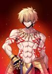  &gt;:) 1boy armor biceps blonde_hair body_markings collar collarbone earrings fate/grand_order fate/hollow_ataraxia fate_(series) gilgamesh gloves glowing glowing_eye jewelry looking_at_viewer muscular muscular_male pectorals red_eyes simple_background solo tagme tattoo tukiwani 