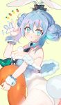  1girl animal_ears arm_strap atsumi_jun bicute_bunnies_miku black_neckwear blue_eyes blue_hair blue_nails bunny_ears cowboy_shot double_bun ear_ribbon fingernails fishnet_legwear fishnets hand_up hatsune_miku holding holding_stuffed_toy leotard looking_at_viewer mini_necktie nail_polish pantyhose parted_lips solo standing stuffed_carrot stuffed_toy tied_ears vocaloid white_leotard wristband 