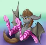  bat_pony better_version_at_source blush clothed clothing equid equine fangs footwear fur grey_body grey_fur hasbro horse hyflin legwear male mammal my_little_pony partially_clothed pony presenting simple_background socks solo stockings wings yellow_eyes 