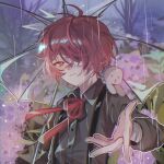  1boy black_shirt commentary creature flower fukase hair_over_one_eye holding holding_umbrella light_smile looking_at_viewer neck_ribbon nu_nu_s2 o3o on_shoulder one_eye_covered outstretched_arm pink_flower point_(vocaloid) rain reaching_out red_eyes red_hair red_neckwear red_ribbon ribbon shirt transparent transparent_umbrella umbrella upper_body vocaloid 