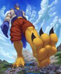  2021 3_toes abs absurd_res anthro avian barefoot beak belt bird blockman3_(artist) blue_body building bulge canid canine city clothed clothing cloud day destruction detailed_background falco_lombardi feet foot_focus green_eyes hi_res jacket looming low-angle_view macro male mammal mountain navel nintendo smoke solo star_fox stomping talons toes togepi1125 topwear video_games water 