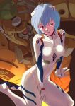  ayanami_rei blue_hair bodysuit eva_00 highres interface_headset kikuta_kouichi kneeling looking_at_viewer mecha neon_genesis_evangelion plugsuit red_eyes short_hair skin_tight white_bodysuit 