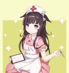  1girl animal_ear_fluff animal_ears aoman_de_cangshu apron bangs black_hair blue_eyes blunt_bangs blush character_request closed_mouth copyright_request dress eyebrows_visible_through_hair green_eyes hair_ornament hand_up hat highres holding holding_needle long_hair looking_at_viewer needle note nurse nurse_cap pink_dress short_sleeves sitting smile solo wariza wrist_cuffs 