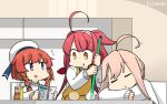  3girls ahoge alternate_costume apron bob_cut braid commentary_request crown_braid dated etorofu_(kantai_collection) eyewear_removed hair_flaps hair_ribbon hairband hamu_koutarou hat highres kantai_collection kawakaze_(kantai_collection) long_hair low_twintails makigumo_(kantai_collection) multiple_girls pink_hair purple_eyes red_hair remodel_(kantai_collection) ribbon sailor_hat side_braid sidelocks sleeping sweater table thick_eyebrows twin_braids twintails upper_body very_long_hair white_headwear white_sweater yellow_apron yellow_eyes 