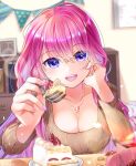 1girl birthday_cake blue_eyes blurry blurry_background blurry_foreground bookshelf breasts brown_shirt cake cleavage clock commentary depth_of_field digital_clock feeding food hand_on_own_cheek hand_on_own_face hihooo incoming_food indoors jewelry lens_flare long_hair looking_at_viewer medium_breasts megurine_luka nail_polish necklace open_mouth pink_hair pink_nails pov room sharing_food shelf shirt sitting smile solo string_of_flags table upper_body very_long_hair vocaloid 