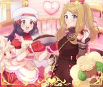  2girls :d alcremie alcremie_(strawberry_sweet) apron bag blush bow brown_dress clock closed_mouth commentary_request cupboard dawn_(pokemon) dress eyebrows_visible_through_hair eyelashes eyewear_removed fingernails framed gen_5_pokemon gen_8_pokemon grey_eyes hair_bow hair_ornament hairclip hands_up hat holding holding_strap indoors kitchen light_brown_hair long_hair long_sleeves multiple_girls nail_polish open_mouth pink_bow pink_nails pokemon pokemon_(creature) pokemon_(game) pokemon_masters_ex pouch red_dress red_mittens remotarou serena_(pokemon) shelf short_sleeves shoulder_bag sidelocks smile steam sunglasses tongue whimsicott white-framed_eyewear 