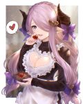  1girl absurdres apron arms_up black_dress blue_eyes blurry blurry_background border bow box braid breasts cleavage cleavage_cutout clothing_cutout demon_horns dress frilled_apron frills granblue_fantasy hair_ornament hair_over_one_eye heart heart_cutout heart_hair_ornament highres holding holding_box holding_heart horns kiri_ph large_breasts light_purple_hair long_hair long_sleeves looking_at_viewer low_tied_hair narmaya_(granblue_fantasy) open_mouth pointy_ears purple_bow purple_hair single_braid smile solo spoken_heart upper_body upper_teeth white_apron 