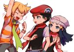  1girl 2boys arm_up artist_name bangs barry_(pokemon) beanie black_hair blonde_hair blush clenched_hand closed_eyes commentary_request dawn_(pokemon) eyelashes floating_hair green_scarf grey_eyes grey_headwear hair_ornament hairclip hands_together hands_up hat highres lucas_(pokemon) multiple_boys open_mouth pants pink_scarf pokemon pokemon_(game) pokemon_dppt red_headwear red_scarf scarf shirt short_sleeves sidelocks sparkle striped striped_shirt teeth tongue yonaga_story 