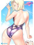  1girl 2boys android_18 artist_name ass back backless_swimsuit bald blonde_hair blood blue_eyes bob_cut chibi chibi_inset clothing_cutout contrapposto cowboy_shot day dragon_ball dragon_ball_z earrings epic_nosebleed fingernails from_behind h-mune hair_flip heart_cutout jewelry kuririn light_smile lips multiple_boys muten_roushi nose nosebleed one-piece_swimsuit pose purple_swimsuit raised_eyebrows solo_focus swimsuit thighs turning_head 