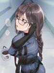  1girl absurdres arm_strap bangs black_dress black_gloves blue_dress blush braid braided_ponytail breasts brown_eyes brown_hair center_opening coffee_mug consort_yu_(fate) cup dress earrings elbow_gloves fate/grand_order fate_(series) fou_(ssqseeker) glasses gloves grey_dress highres jewelry large_breasts layered_dress long_hair long_sleeves mug multiple_earrings open_mouth ribbed_dress ribbon-trimmed_dress single_braid very_long_hair 