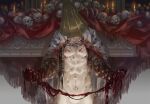  1boy abs alfred_(bloodborne) blood bloodborne bloody_clothes bloody_hands candle cape chest_hair collarbone fire flame helm helmet highres holding holding_organ indoors male_focus navel organs pilgrim_(silentreverie) ribs skull solo white_cape 
