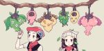  1boy 1girl beanie black_hair blush bracelet burmy burmy_(plant) burmy_(sandy) burmy_(trash) closed_mouth commentary_request dawn_(pokemon) gen_4_pokemon grey_background hair_ornament hairclip hand_up hands_up hat highres jewelry komasawa_(fmn-ppp) leaf long_hair lucas_(pokemon) pokemon pokemon_(creature) pokemon_(game) pokemon_dppt red_headwear scarf short_hair short_sleeves simple_background sweatdrop tree_branch white_headwear wormadam wormadam_(plant) wormadam_(sandy) wormadam_(trash) 