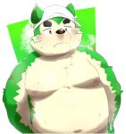  2021 anthro belly black_nose bodily_fluids canid canine canis cute_fangs domestic_dog fur green_body green_fur hi_res kemono kipchin_2nd00 live-a-hero male mammal mokdai moobs navel nipples overweight overweight_anthro overweight_male solo sweat video_games 