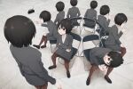  1girl black_hair boombox chair cigarette commentary crossed_arms drinking folding_chair multiple_persona musical_chairs office_lady original pantyhose pencil_skirt short_hair sitting skirt smoking yajirushi_(chanoma) 