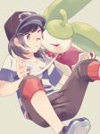  1boy bangs baseball_cap black_hair brown_pants capri_pants closed_mouth commentary_request elio_(pokemon) fingernails gen_7_pokemon grey_eyes hat highres hug komasawa_(fmn-ppp) legs_apart male_focus one_eye_closed pants pokemon pokemon_(creature) pokemon_(game) pokemon_sm shirt shoes short_sleeves steenee striped striped_shirt t-shirt 