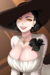  1girl alcina_dimitrescu black_flower black_hair black_rose breasts cleavage dress earrings flower glowing glowing_eyes hat highres huge_breasts jewelry large_breasts mature necklace pale_skin pearl_necklace resident_evil resident_evil_village rinko_riban rose smile solo tall_female vampire white_dress yellow_eyes 