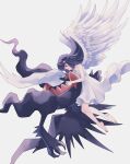  1girl alternate_costume bare_arms barefoot black_hair closed_mouth commentary_request darkrai dawn_(pokemon) dress eye_contact eyebrows_visible_through_hair feathered_wings floating_hair flowing_dress gen_4_pokemon hair_ornament hairclip highres holding holding_pokemon knees_together komasawa_(fmn-ppp) long_hair looking_at_another mythical_pokemon pokemon pokemon_(creature) pokemon_(game) pokemon_dppt toes white_dress wings 