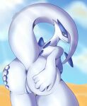  5_fingers anthro anthrofied anus biped butt female fin fingers genitals hi_res legendary_pok&eacute;mon looking_at_viewer lugia nintendo pok&eacute;mon pok&eacute;mon_(species) pok&eacute;morph pussy raised_tail rear_view solo umine video_games white_body 