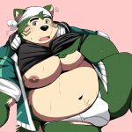  2021 anthro bearlovestiger13 belly bulge canid canine canis clothing domestic_dog fur green_body green_fur headphones_around_neck hi_res live-a-hero male mammal mokdai moobs navel nipples overweight overweight_anthro overweight_male shirt solo topwear underwear video_games 