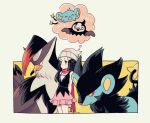  1girl arms_behind_back bag bare_arms beanie black_hair closed_mouth commentary_request dawn_(pokemon) gen_4_pokemon grey_headwear hair_ornament hairclip hat highres holding holding_bag komasawa_(fmn-ppp) long_hair long_scarf luxray pokemon pokemon_(creature) pokemon_(game) pokemon_dppt scarf shinx sparkle staraptor starly sweatdrop thought_bubble v-shaped_eyebrows 