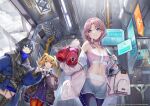  3girls animal_ears arknights bag bare_shoulders bear_ears bear_hair_ornament blonde_hair blue_eyes blue_hair blue_jacket blue_poison_(arknights) blue_poison_(shoal_beat)_(arknights) boxing_gloves braid breasts commentary_request duffel_bag english_text glaucus_(arknights) gummy_(arknights) hair_ornament hairband highres hood hooded_jacket jacket multicolored_hair multiple_girls official_alternate_costume official_art open_clothes open_jacket pink_hair red_eyes rhodes_island_logo sailor_collar short_hair shorts sign sports_bra streaked_hair twin_braids yoshimoto_(dear_life) 