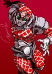  1other absurdres clenched_teeth fighting_stance green_eyes highres jojo_no_kimyou_na_bouken jojo_pose king_crimson_(stand) looking_at_viewer pose red_background red_theme signature simple_background solo sparrowl standing teeth vento_aureo 