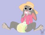  anthro bodily_fluids clothing diaper disney dress_shirt female fur genital_fluids hat headgear headwear hi_res infantilism jaqrabbit_(artist) judy_hopps lagomorph leporid long_ears looking_up mammal multicolored_body multicolored_fur pacifier peeing pink_nose purple_eyes rabbit shirt simple_background sitting smile solo spread_legs spreading teeth topwear urine wet_diaper wetting wide_brim_hat zootopia 