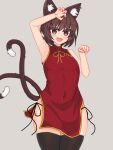  1girl :d absurdres alternate_costume alternate_eye_color animal_ear_fluff animal_ears arm_above_head armpits arms_up bare_arms black_legwear bob_cut brown_eyes brown_hair cat_ears cat_tail chen china_dress chinese_clothes claw_pose commentary cowboy_shot dress eyelashes fang grey_background highres jewelry looking_at_viewer multiple_tails ody_kishi open_mouth panties paw_pose red_dress short_hair side-tie_panties simple_background single_earring smile solo standing tail thighhighs touhou underwear 