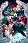  2girls angel_wings brown_hair closed_eyes feet_out_of_frame forehead_protector fur_collar green_eyes green_hair highres kos-mos long_hair multiple_girls red_shorts shion_uzuki shorts space thighhighs thighs wings xenosaga yagi_(kyuhyun) 