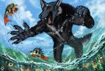  2021 5_fingers anthro black_body black_fur black_nose canid canine canis day detailed_background digital_media_(artwork) fingers fish flashw fur group male mammal marine open_mouth outside red_eyes sky teeth tongue wolf 
