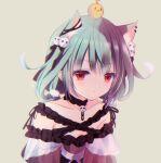  1girl animal_ear_fluff animal_ears animal_on_head bangs bare_shoulders bird black_ribbon chick closed_mouth collarbone commentary_request dress eyebrows_visible_through_hair green_hair grey_background hair_ribbon hololive kemonomimi_mode long_hair looking_at_viewer off-shoulder_dress off_shoulder on_head red_eyes ribbon shirogane_hina simple_background solo upper_body uruha_rushia virtual_youtuber 