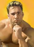  1boy bare_pecs billy_herrington brown_hair cha_mui closed_mouth dated english_commentary gachimuchi hand_up head_rest looking_at_viewer male_focus manly outline portrait real_life realistic serious shadow simple_background solo squinting white_outline yellow_background 