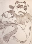  2021 akatadobuchiki alp_(tas) anthro blush bodily_fluids canid canine canis cu_sith_(tas) domestic_dog duo giant_panda hi_res kemono male mammal moobs overweight overweight_male scarf sweat tokyo_afterschool_summoners tongue tongue_out traditional_media_(artwork) ursid video_games 
