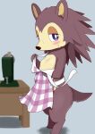  4_toes animal_crossing anthro apron biped blush blush_lines blushed breasts brown_body brown_fur cleavage clothed clothing countershade_face countershade_torso countershading eulipotyphlan eye_contact feet female first_person_view flat_chested freckles fur furniture grey_background hair half-closed_eyes hedgehog hi_res koorinezumi looking_at_another looking_at_viewer mammal multicolored_body multicolored_fur narrowed_eyes nintendo partially_clothed purple_eyes sable_able sewing_machine side_view simple_background solo solo_focus spiky_hair standing table toes two_tone_body two_tone_fur undressing video_games wood_table 