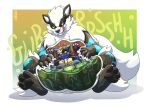  anthro arcanine belly belly_squish black_body black_fur blue_body blue_fur bodily_fluids digestion duo eyewear feral fur glasses hi_res internal leo_(leocario) lucario male melting nintendo pawpads paws pok&eacute;mon pok&eacute;mon_(species) size_difference squish stomach_acid trpcafterdark video_games vore white_body white_fur 