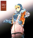  1girl absurdres apex_legends bangs black_background blonde_hair blue_bodysuit blue_eyes blue_gloves bodysuit burn_scar character_name closed_mouth commentary copyright_name cowboy_shot cropped_jacket electricity eyebrows_visible_through_hair gloves gradient gradient_background highres hood hood_down ishiyumi jacket long_sleeves looking_at_viewer open_clothes open_jacket orange_jacket partially_unzipped scar scar_on_cheek scar_on_face short_hair smile solo standing thigh_strap wattson_(apex_legends) white_jumpsuit zipper 