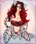  animal_humanoid big_breasts bra breasts clothing digital_media_(artwork) felid felid_humanoid female fur hair heterochromia hi_res humanoid leonifa looking_at_viewer mammal mammal_humanoid pantherine pantherine_humanoid panties simple_background sitting smile solo spreading stripes tiger_humanoid underwear white_body white_fur 