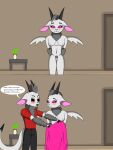  3:4 anthro artbygoats big_breasts bovid breasts caprine clothing duo english_text female fur genitals goat hair hi_res horn male mammal nipples nude open_mouth simple_background smile spread_wings text toby_(artbygoats) tony_(artbygoats) wings 