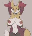 2021 anthro anthrofied big_breasts blush breasts colored_sketch cooliehigh curvy_figure delphox featureless_crotch female front_view grey_background hands_behind_head hi_res huge_breasts legs_together looking_at_viewer navel nintendo nipples pok&eacute;mon pok&eacute;mon_(species) pok&eacute;morph pose seductive simple_background small_waist solo standing video_games voluptuous wide_hips 