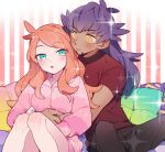  1boy 1girl :o alternate_hairstyle bangs blush breasts commentary_request cushion dark_skin dark_skinned_male facial_hair green_eyes green_nails hair_down hood hoodie hug leon_(pokemon) long_hair nail_polish open_mouth orange_hair pants pink_hoodie pokemon pokemon_(game) pokemon_swsh purple_hair red_shirt saku_anna shirt short_sleeves sonia_(pokemon) sparkle sweatdrop t-shirt tongue yellow_eyes 