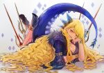  1girl absurdres blonde_hair breasts cleavage cleavage_cutout clothing_cutout dragon dragon_girl dragon_horns dragon_tail dress fate/grand_order fate_(series) high_heels highres horns long_hair looking_at_viewer lying ootato polearm sharp_teeth simple_background solo spear spikes spines tail tattoo teeth very_long_hair vritra_(fate) weapon yellow_eyes 