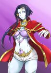 1girl alien blue_hair blue_skin breasts cape cleavage collarbone colored_skin divorty facial_mark forehead_mark gggg gold_choker hair_ornament highres medium_breasts navel open_hand short_hair short_hair_with_long_locks short_shorts shorts solo super_robot_wars super_robot_wars_bx underboob v-shaped_eyebrows white_shorts 