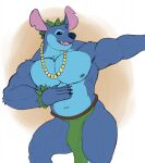  2021 5_fingers alien anthro anthrofied blue_body blue_eyes blue_fur blue_nose chest_tuft dancing disney experiment_(lilo_and_stitch) fingers fur head_tuft hi_res hula hula_dancer humanoid_hands jewelry koffisusu69 lilo_and_stitch male muscular muscular_anthro muscular_male navel necklace nipples notched_ear open_mouth open_smile pecs smile solo stitch_(lilo_and_stitch) tuft 