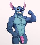  2021 4_fingers alien anthro anthrofied balls biceps blue_body blue_fur chest_tuft disney experiment_(lilo_and_stitch) fingers flexing fur genitals hi_res lilo_and_stitch male notched_ear nude pecs penis sharkiedude sharp_teeth simple_background solo stitch_(lilo_and_stitch) teeth tuft white_background 