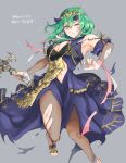  1girl breasts byleth_(fire_emblem) byleth_(fire_emblem)_(female) closed_mouth dress fire_emblem fire_emblem:_three_houses green_eyes green_hair hair_ornament highres holding holding_sword holding_weapon looking_at_viewer navel one_eye_closed pantyhose purple_dress ribbon robaco sleeveless sword torn_clothes torn_dress torn_legwear torn_ribbon weapon wrist_ribbon 