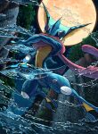  cloud commentary_request from_below gen_6_pokemon greninja highres karamimame looking_down moon night outdoors pokemon pokemon_(creature) red_eyes sky solo star_(sky) tongue_scarf water_drop 