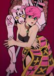  1girl absurdres bare_arms bare_shoulders breasts cleavage green_eyes hair_between_eyes highres jojo_no_kimyou_na_bouken jojo_pose large_breasts leaning_forward looking_at_viewer parted_lips pink_hair pink_skirt pose red_background short_hair skirt solo sparrowl spice_girl_(stand) stand_(jojo) standing strapless trish_una vento_aureo 