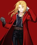  1boy absurdres ahoge belt belt_buckle blonde_hair brown_belt buckle cbow clenched_hand coat collarbone edward_elric fullmetal_alchemist gloves hair_between_eyes highres long_hair male_focus mechanical_arm red_background red_coat simple_background single_glove smile solo teeth white_gloves yellow_eyes 